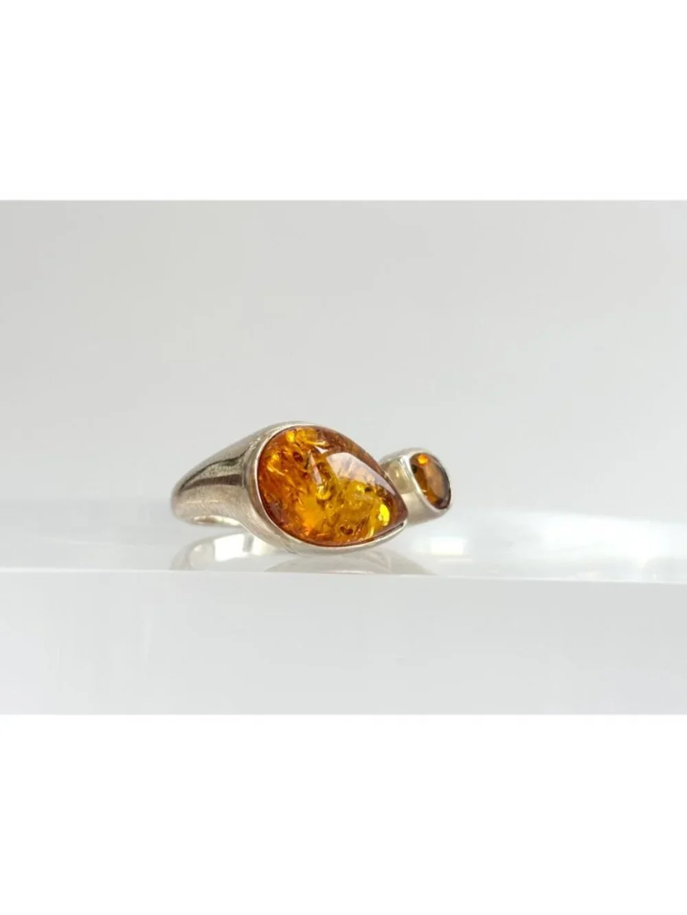 Modernist Baltic Amber Citrine Open Shank Sterling Silver 925 Vintage Ring sz 8